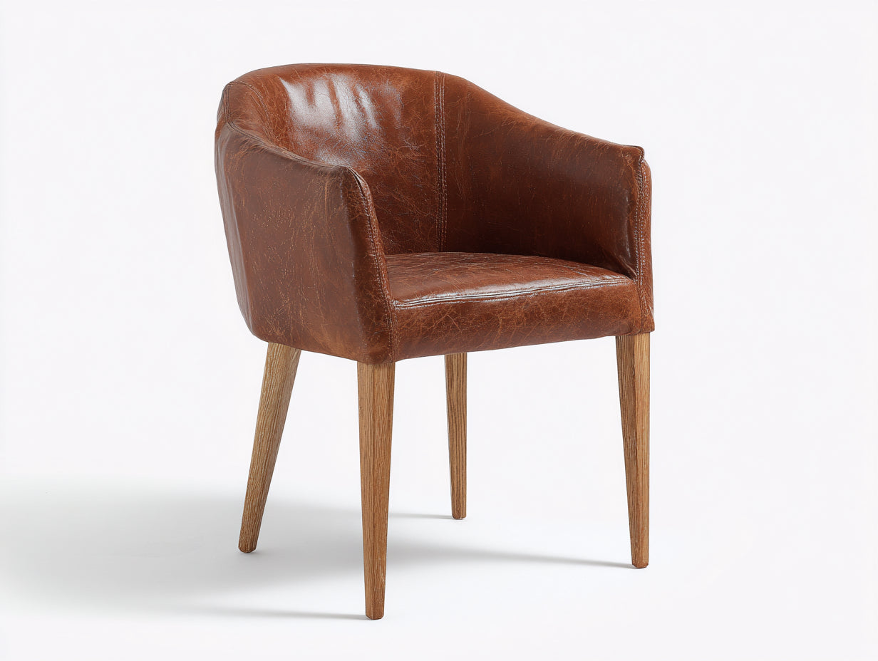 Esszimmerstühle aus Massivholz und Kunstleder 58x61x82 cm - Cognacbraun-Naturfarben - Gepolsterter Armlehnstuhl im modernen Vintage-Stil für Esszimmer und Küche