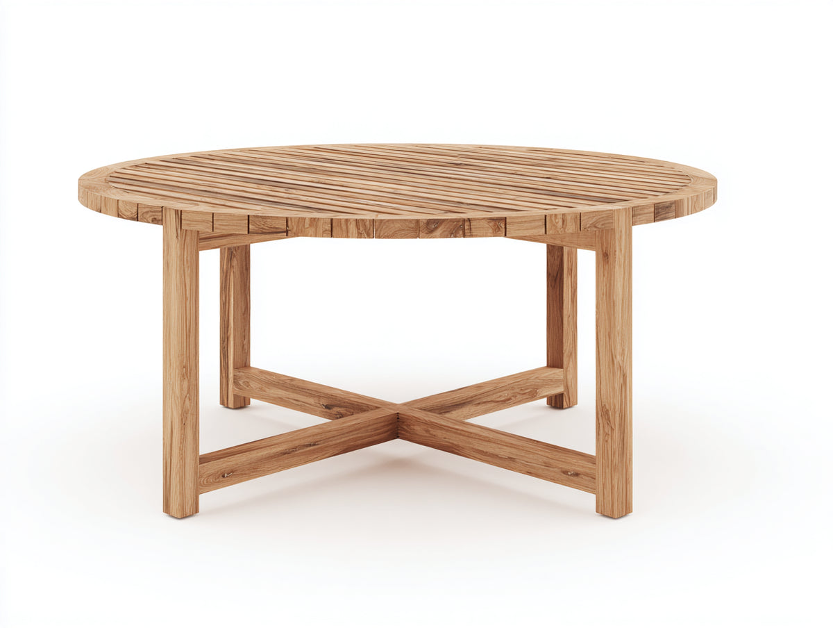 Gartentisch aus Massivholz 125x125x75 cm - Naturfarben - Runder Esstisch mit Lamellenplatte und Kreuzstreben im modernen Landhausstil für Garten und Terrasse