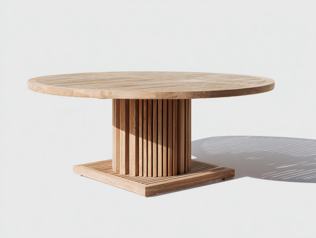 Gartentisch aus Holz 140x140x76 cm - Natur - runde Tischplatte mit Lamellensockel