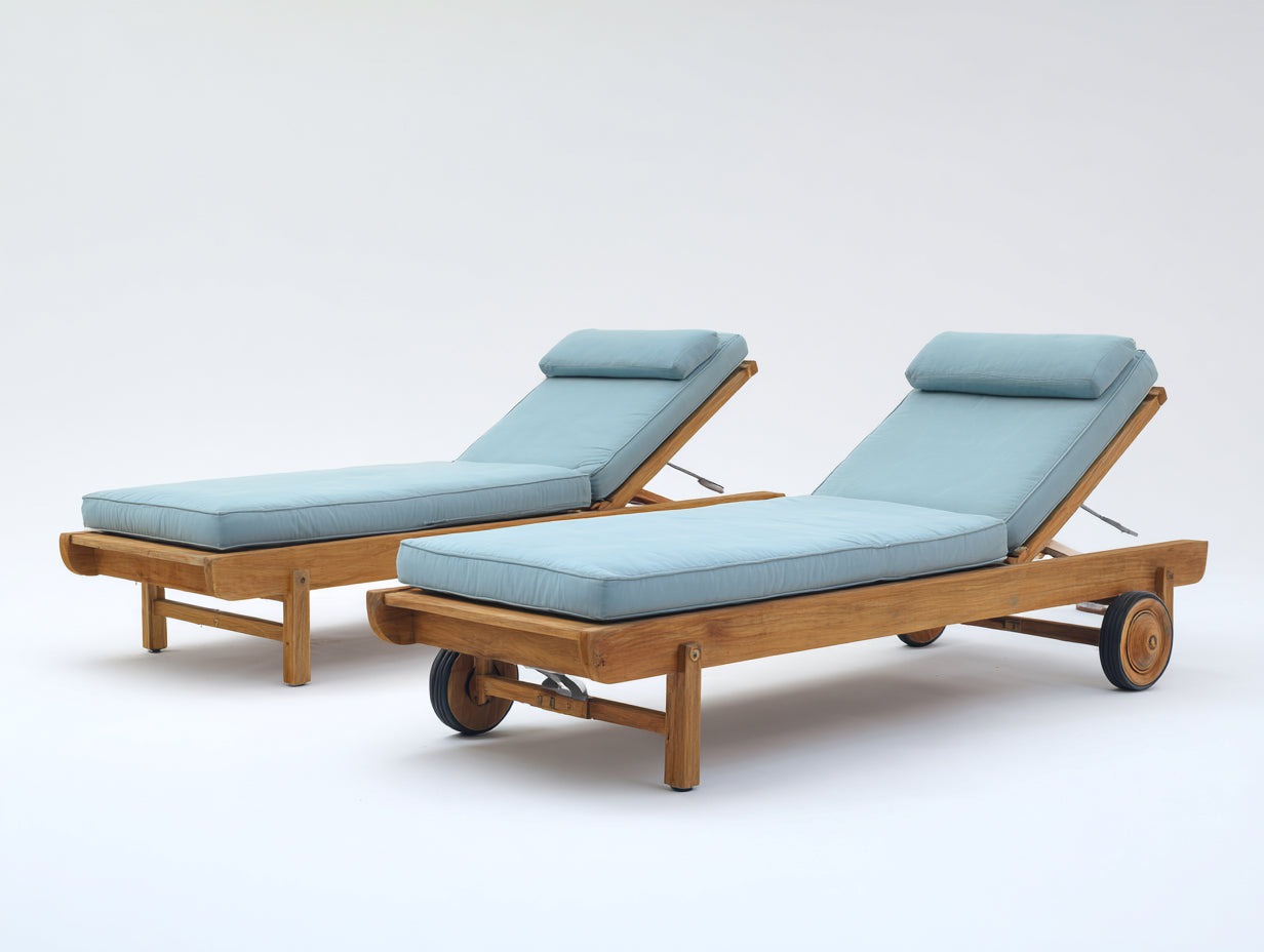 Sonnenliege aus Massivholz und Stoff 202x71x92 cm - Naturfarben-Hellblau - Zweier-Set mit verstellbarer Rückenlehne Rollen und gepolsterter Liegefläche für Garten und Terrasse