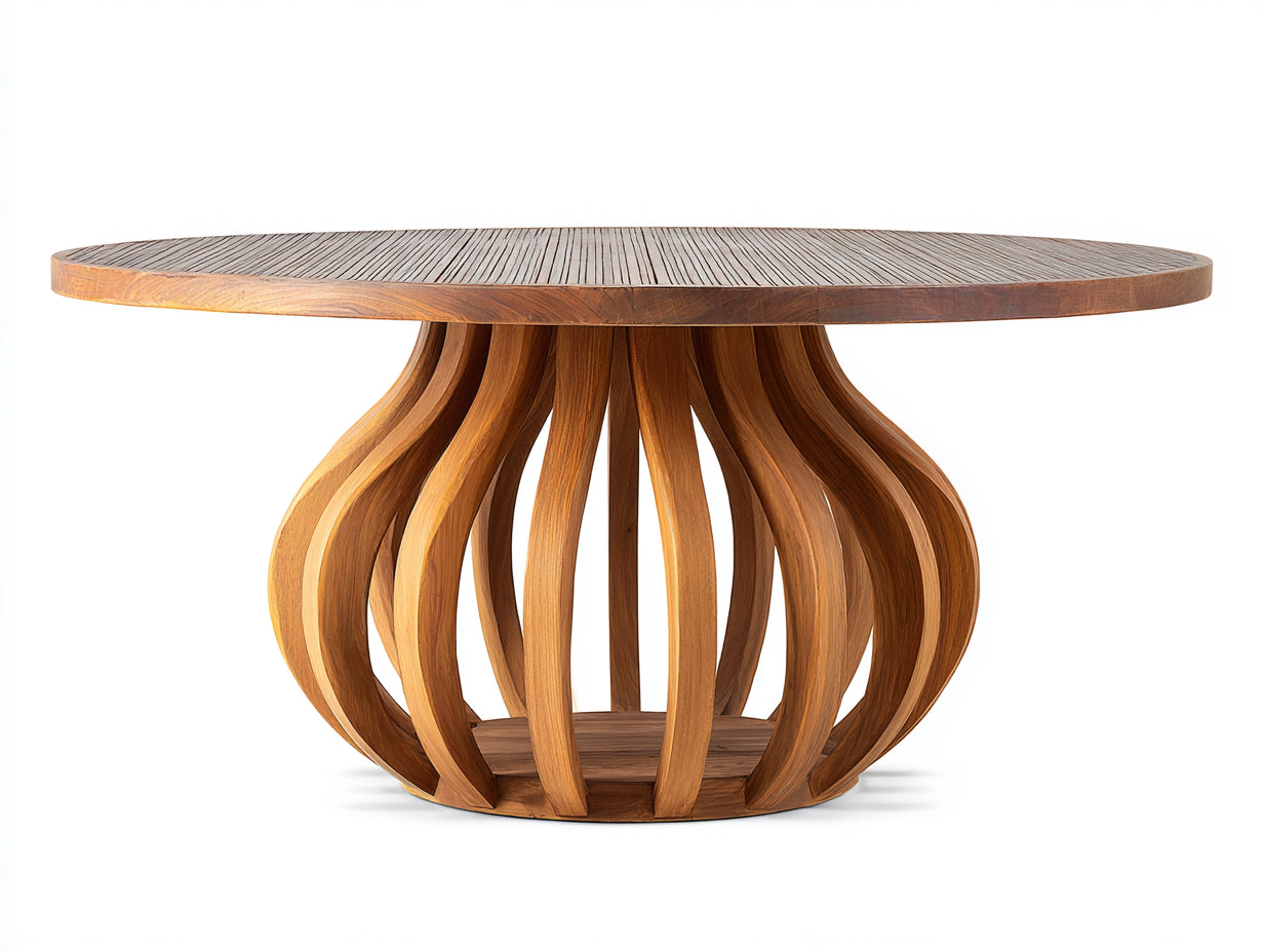 Gartentisch aus Holz 150x150x76 cm - Braun - runde Lamellentischplatte mit geschwungenem Mittelfuß