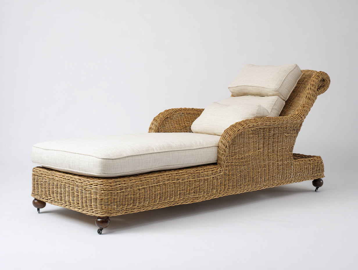 Sonnenliege aus Rattan und Stoff 200x75x85 cm - Naturbraun Beige - Gepolsterte Gartenliege für Terrasse und Außenbereich