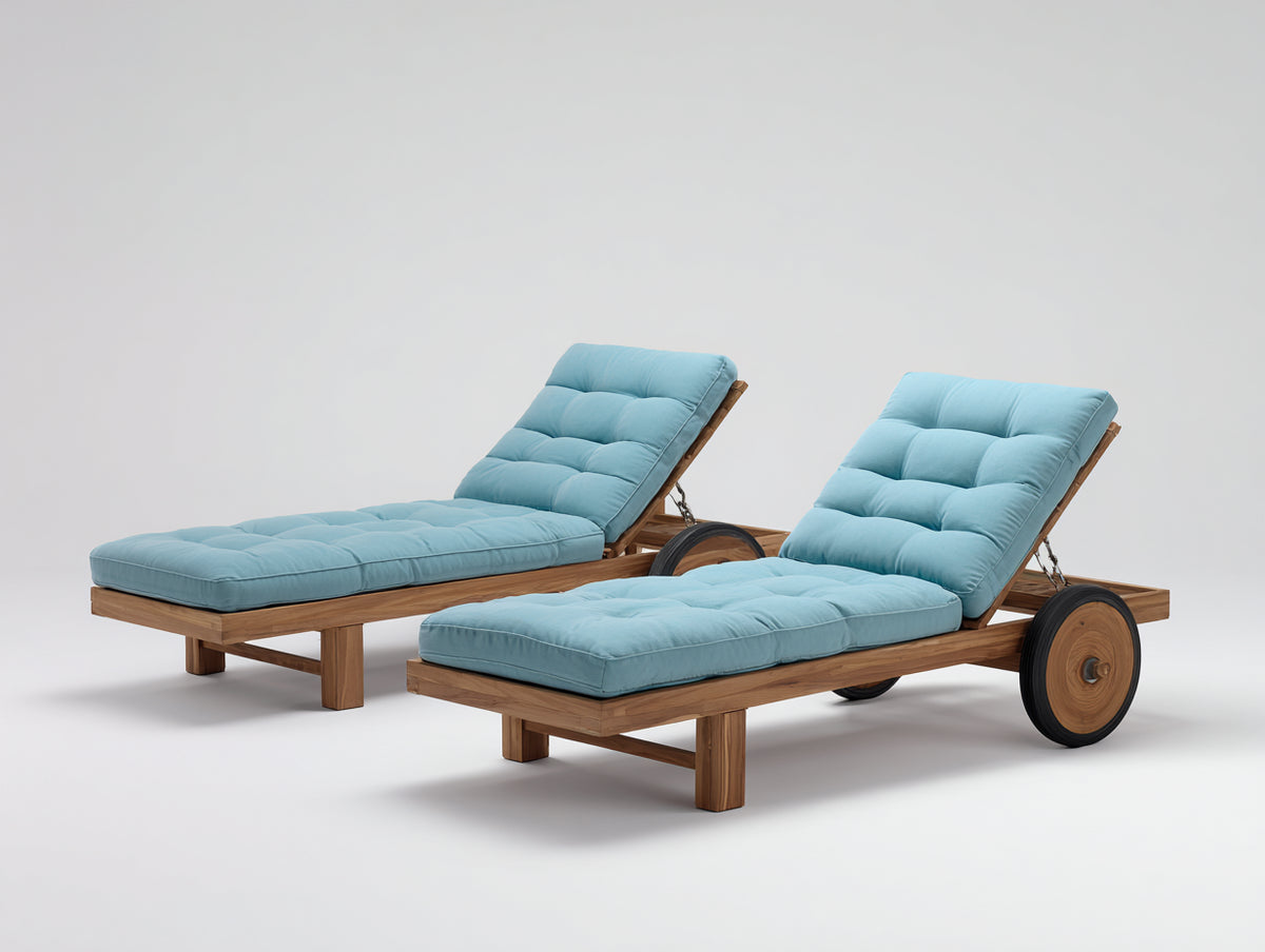Sonnenliege 2er-Set aus Holz 200x70x95 cm - Natur-Hellblau - verstellbare Rückenlehne mit Rollen